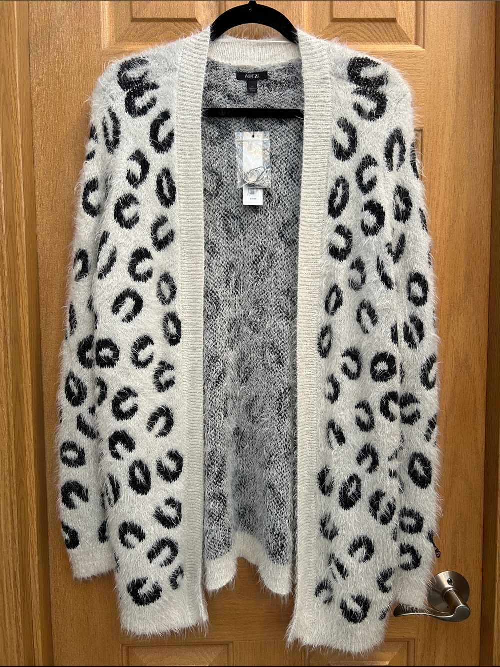 Apt. 9 Cream and Black Leopard Fuzzy Open-Front Cardigan